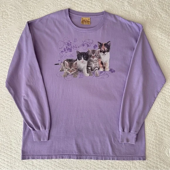 The Mountain Leather Tag Purple Cat Kitten Print Long Sleeve Shirt Y2K Vintage - Picture 1 of 8